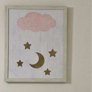 Pink sparkly cloud with gold moon and stars frame